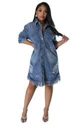 Distressed Denim Relaxed Shirt Dress with Frayed Hem By Claude NAVY S